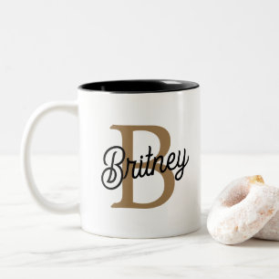 Modern Elegant Monogram Name Black Gold Script Two-Tone Coffee Mug