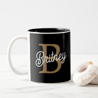 Modern Elegant Monogram Name  Black Gold Script  Two-Tone Coffee Mug