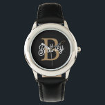 Modern Elegant Monogram Name  Black Gold Script  Watch<br><div class="desc">The Modern Elegant Monogram Name Black Gold Script Watch is a sophisticated timepiece that combines functionality with luxury. It features a sleek black watch face adorned with a stylish gold script monogram name, creating a refined and personalised look. This watch is designed to add a touch of elegance to any...</div>
