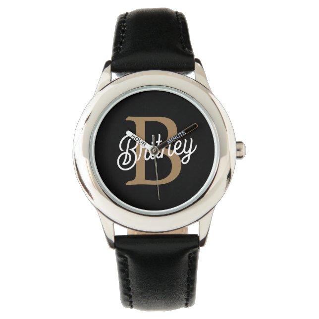 Modern Elegant Monogram Name  Black Gold Script  Watch (Front)