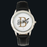 Modern Elegant Monogram Name  Black Gold Script  Watch<br><div class="desc">The Modern Elegant Monogram Name Black Gold Script Watch is a sophisticated timepiece that combines functionality with luxury. It features a sleek black watch face adorned with a stylish gold script monogram name, creating a refined and personalised look. This watch is designed to add a touch of elegance to any...</div>