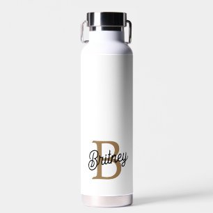 Modern Elegant Monogram Name Black Gold Script Water Bottle