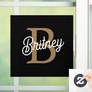 Modern Elegant Monogram Name  Black Gold Script  Window Cling