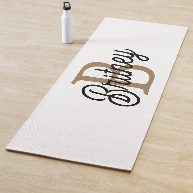 Modern Elegant Monogram Name  Black Gold Script  Yoga Mat (In Situ)