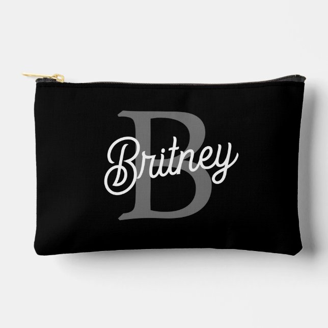 Modern Elegant Monogram Name  Black Grey Script  Accessory Pouch (Front)