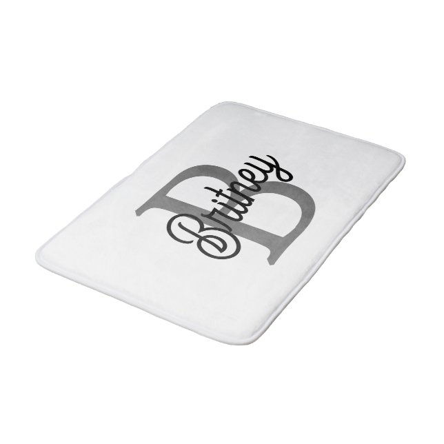 Modern Elegant Monogram Name  Black Grey Script  Bath Mat (Angled)