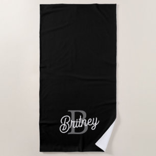 Modern Elegant Monogram Name  Black Grey Script  Beach Towel