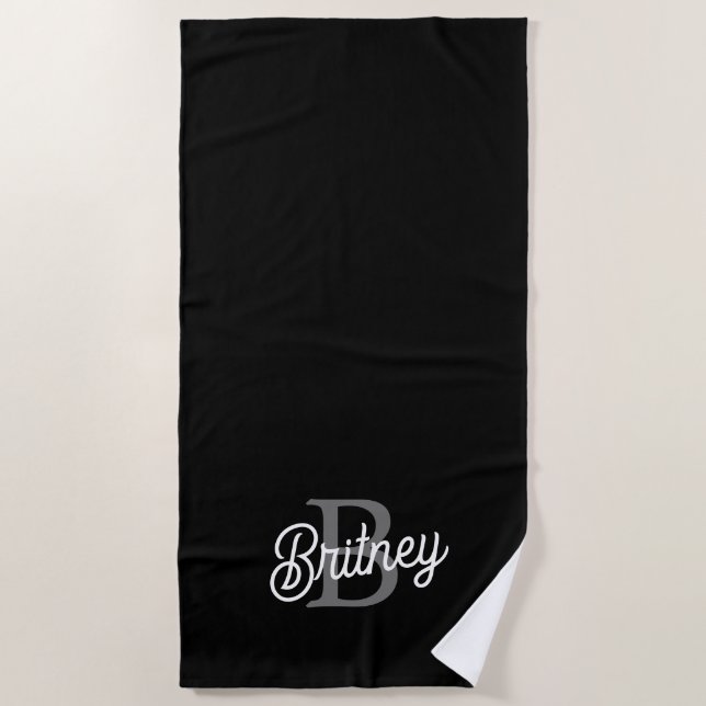 Modern Elegant Monogram Name  Black Grey Script  Beach Towel (Front)