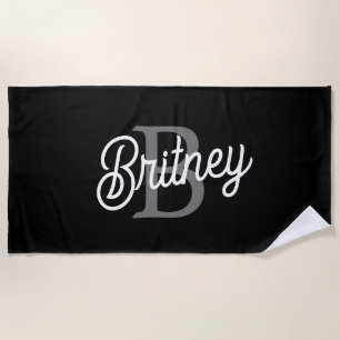 Modern Elegant Monogram Name  Black Grey Script  Beach Towel