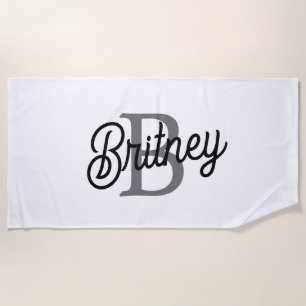 Modern Elegant Monogram Name  Black Grey Script  Beach Towel
