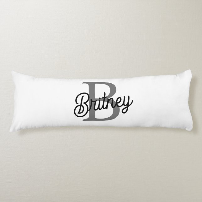 Modern Elegant Monogram Name  Black Grey Script  Body Cushion (Front)