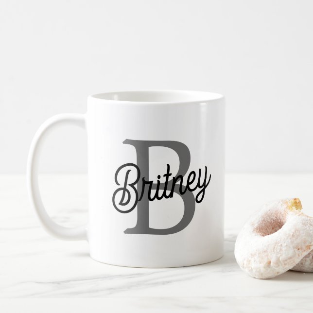Modern Elegant Monogram Name  Black Grey Script  Coffee Mug (With Donut)