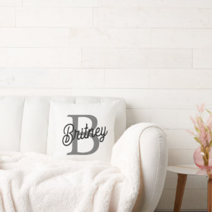 Modern Elegant Monogram Name  Black Grey Script  Cushion