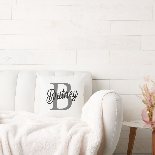 Modern Elegant Monogram Name  Black Grey Script  Cushion (Couch)