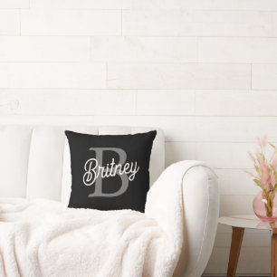 Modern Elegant Monogram Name  Black Grey Script  Cushion