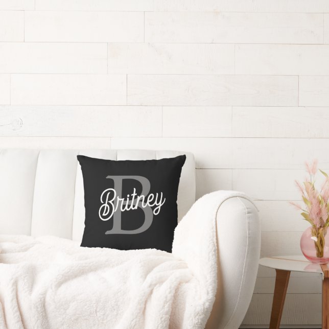 Modern Elegant Monogram Name  Black Grey Script  Cushion (Couch)