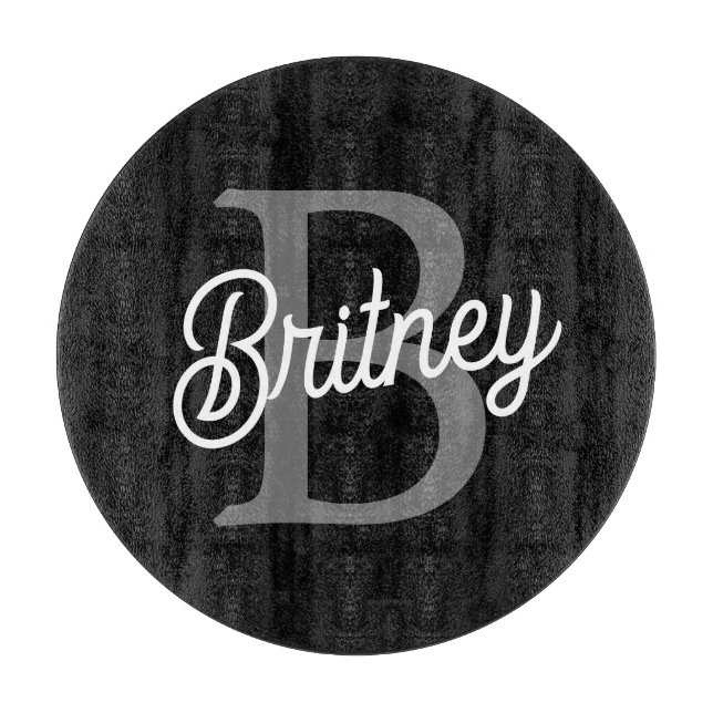 Modern Elegant Monogram Name  Black Grey Script  Cutting Board (Front)