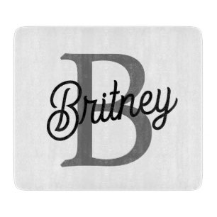 Modern Elegant Monogram Name Black Grey Script Cutting Board