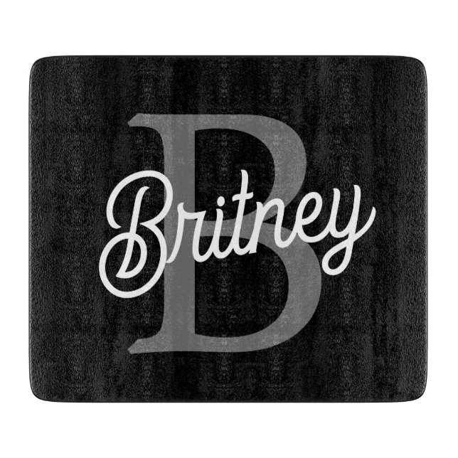 Modern Elegant Monogram Name  Black Grey Script  Cutting Board (Front)