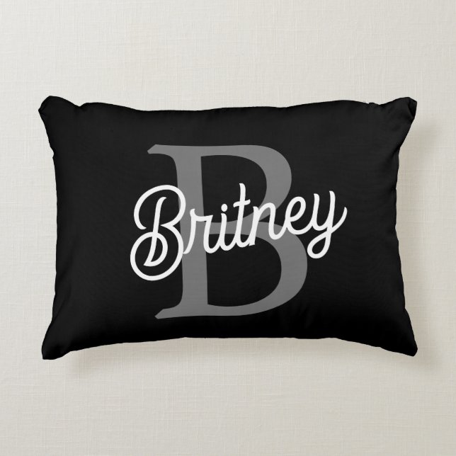 Modern Elegant Monogram Name  Black Grey Script  Decorative Cushion (Front)