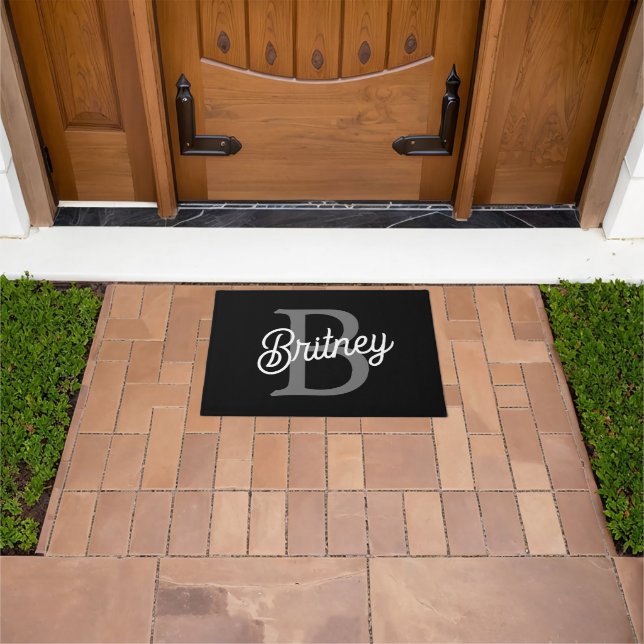 Modern Elegant Monogram Name  Black Grey Script  Doormat (Outdoor)