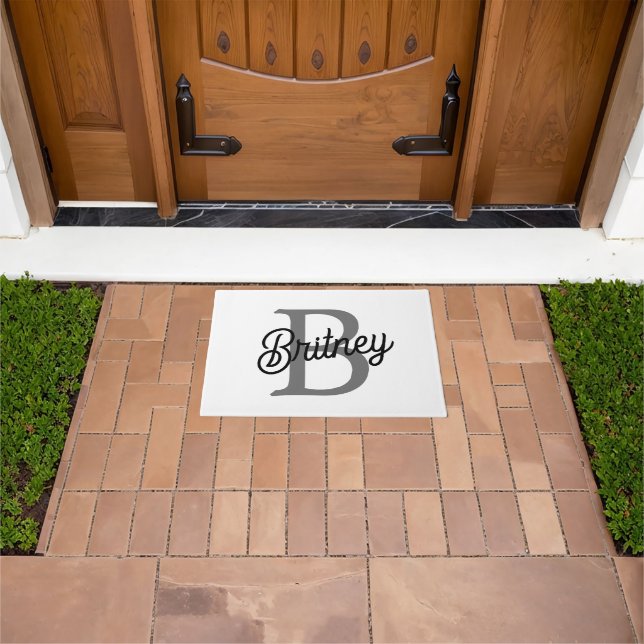 Modern Elegant Monogram Name  Black Grey Script  Doormat (Outdoor)