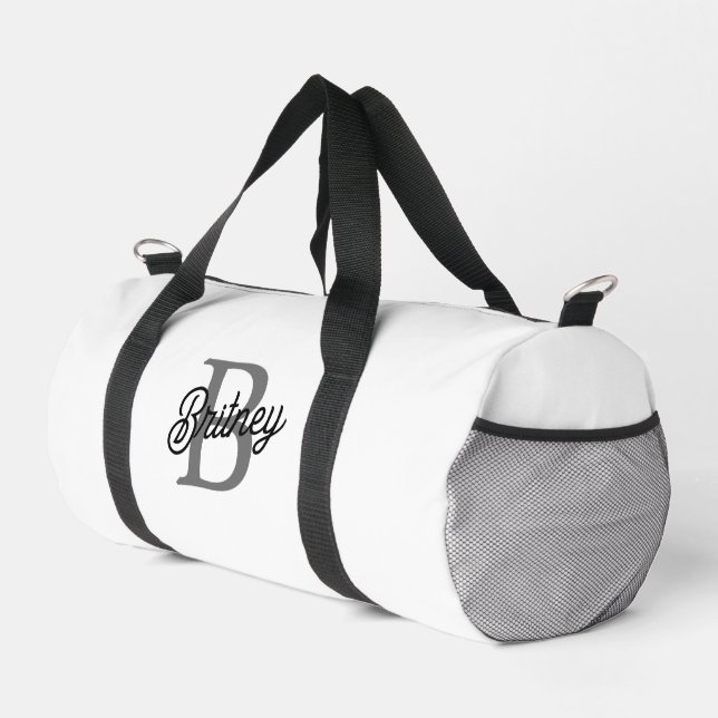 Modern Elegant Monogram Name  Black Grey Script  Duffle Bag (Right Corner)