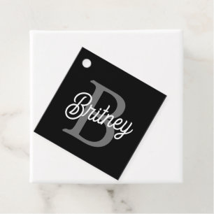 Modern Elegant Monogram Name Black Grey Script Favour Tags