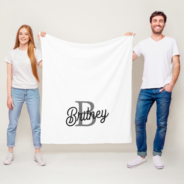 Modern Elegant Monogram Name  Black Grey Script  Fleece Blanket (In Situ)