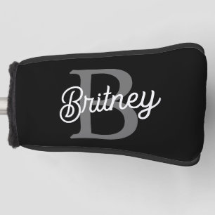 Modern Elegant Monogram Name  Black Grey Script  Golf Head Cover