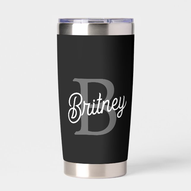 Modern Elegant Monogram Name  Black Grey Script  Insulated Tumbler (Front)