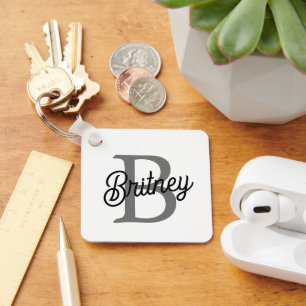 Modern Elegant Monogram Name Black Grey Script Key Ring