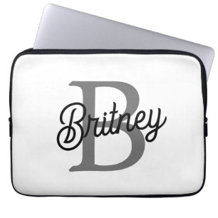 Modern Elegant Monogram Name  Black Grey Script  Laptop Sleeve