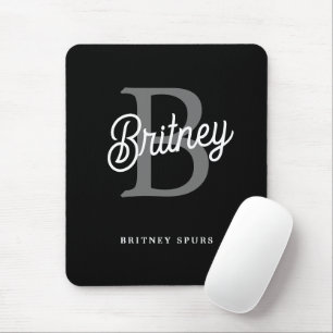 Modern Elegant Monogram Name Black Grey Script Mouse Mat