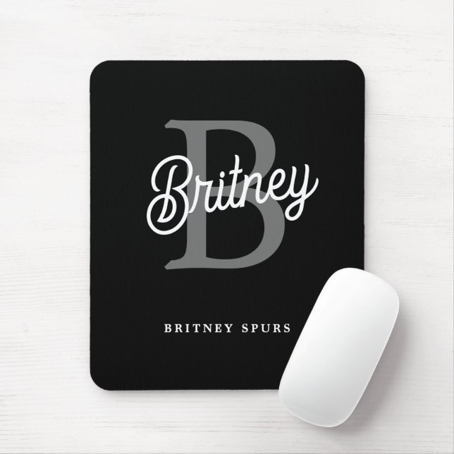 Modern Elegant Monogram Name  Black Grey Script  Mouse Mat (With Mouse)