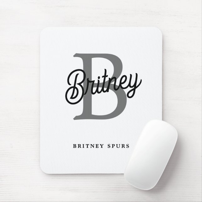 Modern Elegant Monogram Name  Black Grey Script  Mouse Mat (With Mouse)
