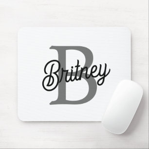Modern Elegant Monogram Name  Black Grey Script  Mouse Mat