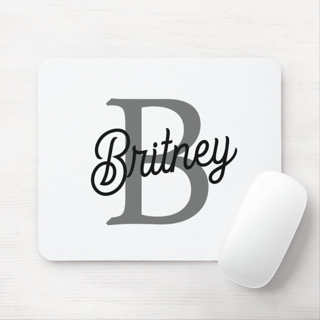 Modern Elegant Monogram Name  Black Grey Script  Mouse Mat (With Mouse)