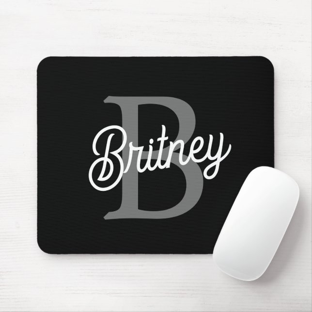Modern Elegant Monogram Name  Black Grey Script  Mouse Mat (With Mouse)