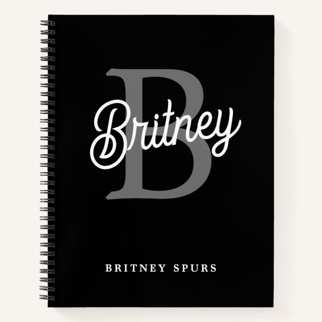 Modern Elegant Monogram Name  Black Grey Script  Notebook (Front)