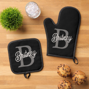 Modern Elegant Monogram Name  Black Grey Script  Oven Mitt & Pot Holder Set