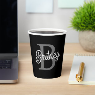 Modern Elegant Monogram Name Black Grey Script Paper Cups