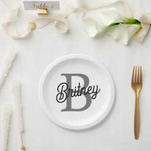 Modern Elegant Monogram Name Black Grey Script Paper Plate