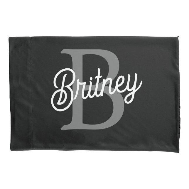 Modern Elegant Monogram Name  Black Grey Script  Pillowcase (Front)