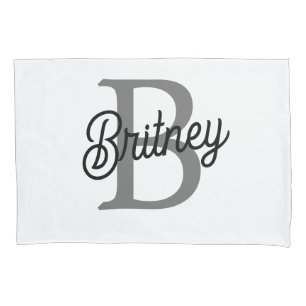 Modern Elegant Monogram Name Black Grey Script Pillowcase
