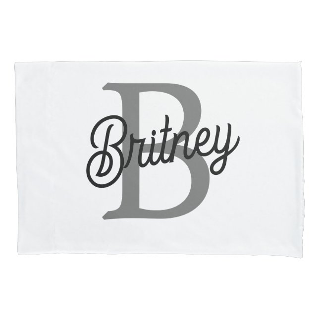 Modern Elegant Monogram Name  Black Grey Script  Pillowcase (Front)