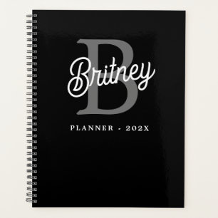 Modern Elegant Monogram Name Black Grey Script Planner