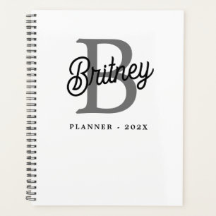 Modern Elegant Monogram Name  Black Grey Script  Planner