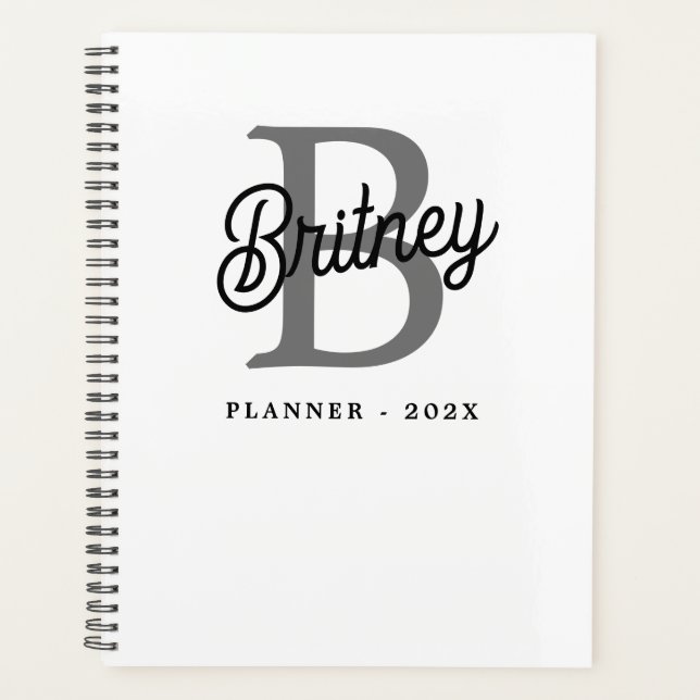 Modern Elegant Monogram Name  Black Grey Script  Planner (Front)