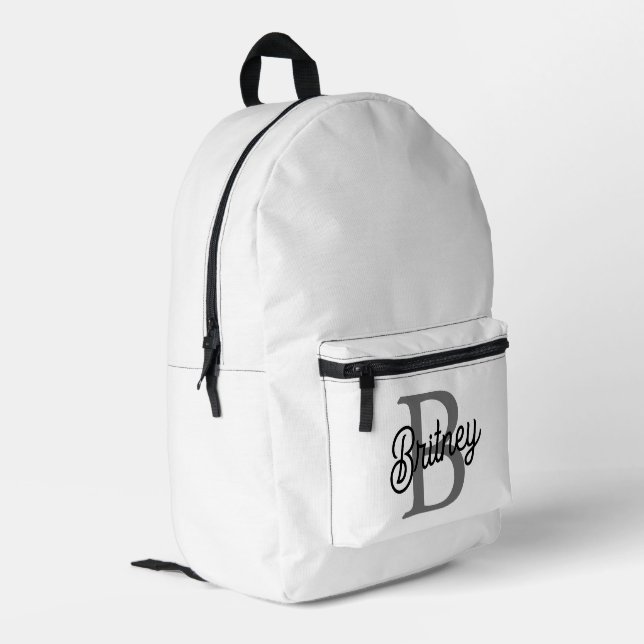 Modern Elegant Monogram Name  Black Grey Script  Printed Backpack (Back Corner Left)